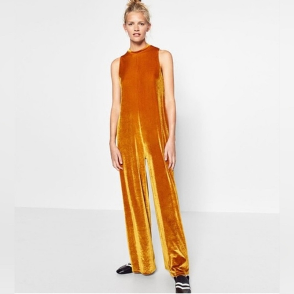 ZARA Trafaluc velvet velour Orange Gold Jumpsuit M